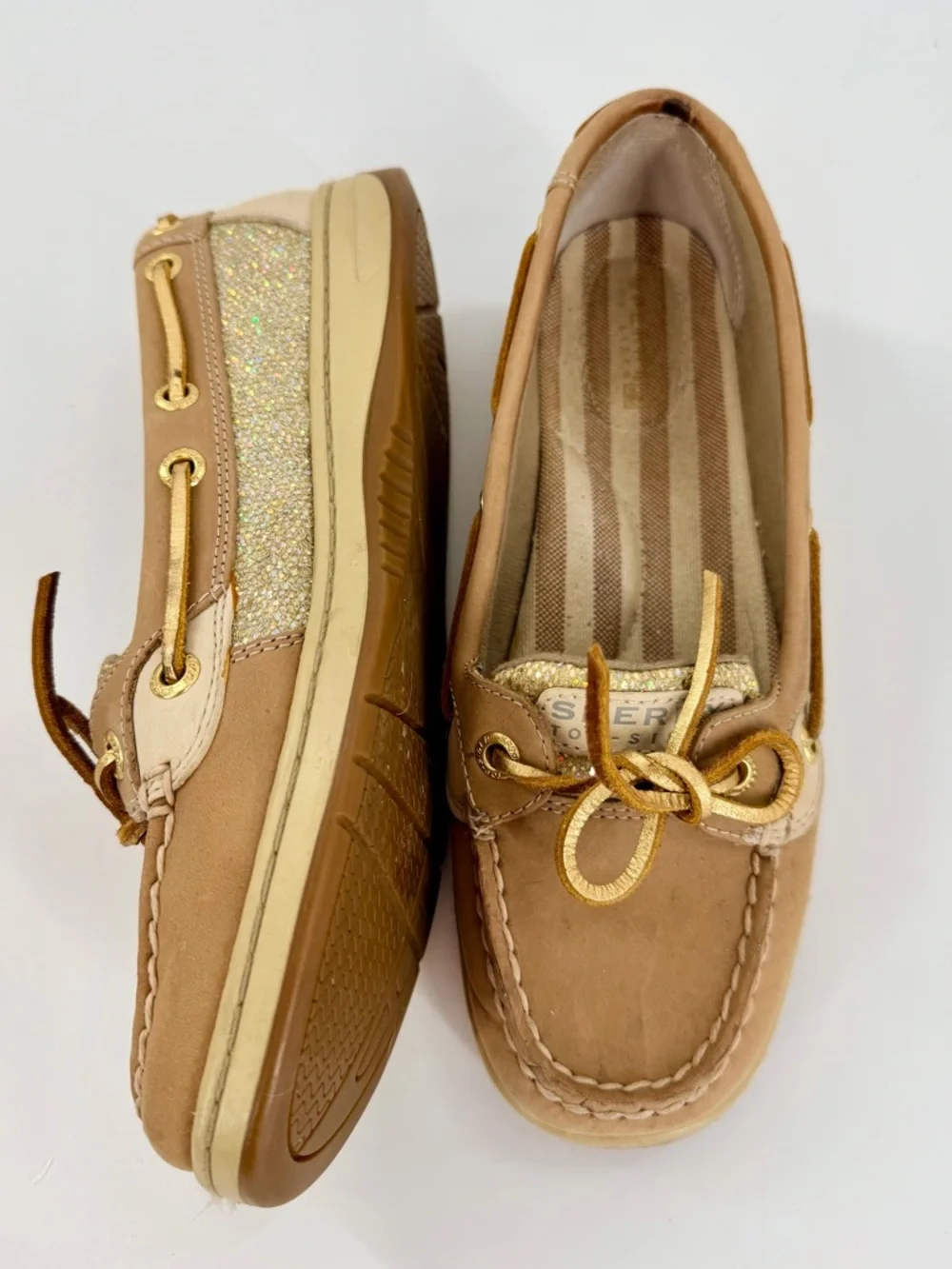 Sperry Top-Sider Women’s 6.5M Boat Shoes Tan Leather Glitter Accent Loafers